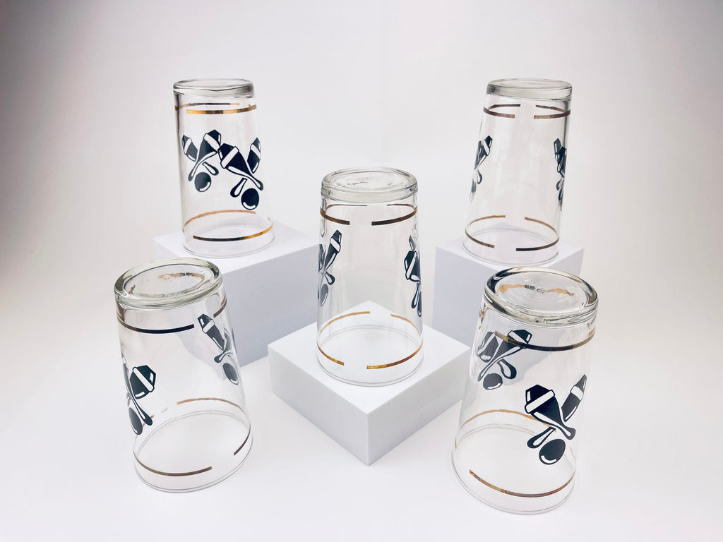 Product image for 'vintage bowling federal glasses set of five 5 tall clear glass with gold black' (view c4f27e)