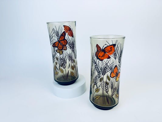 Product image for 'vintage libbey monarch butterfly wheat stalk glasses smokey brown set of two 2' (view e41724)