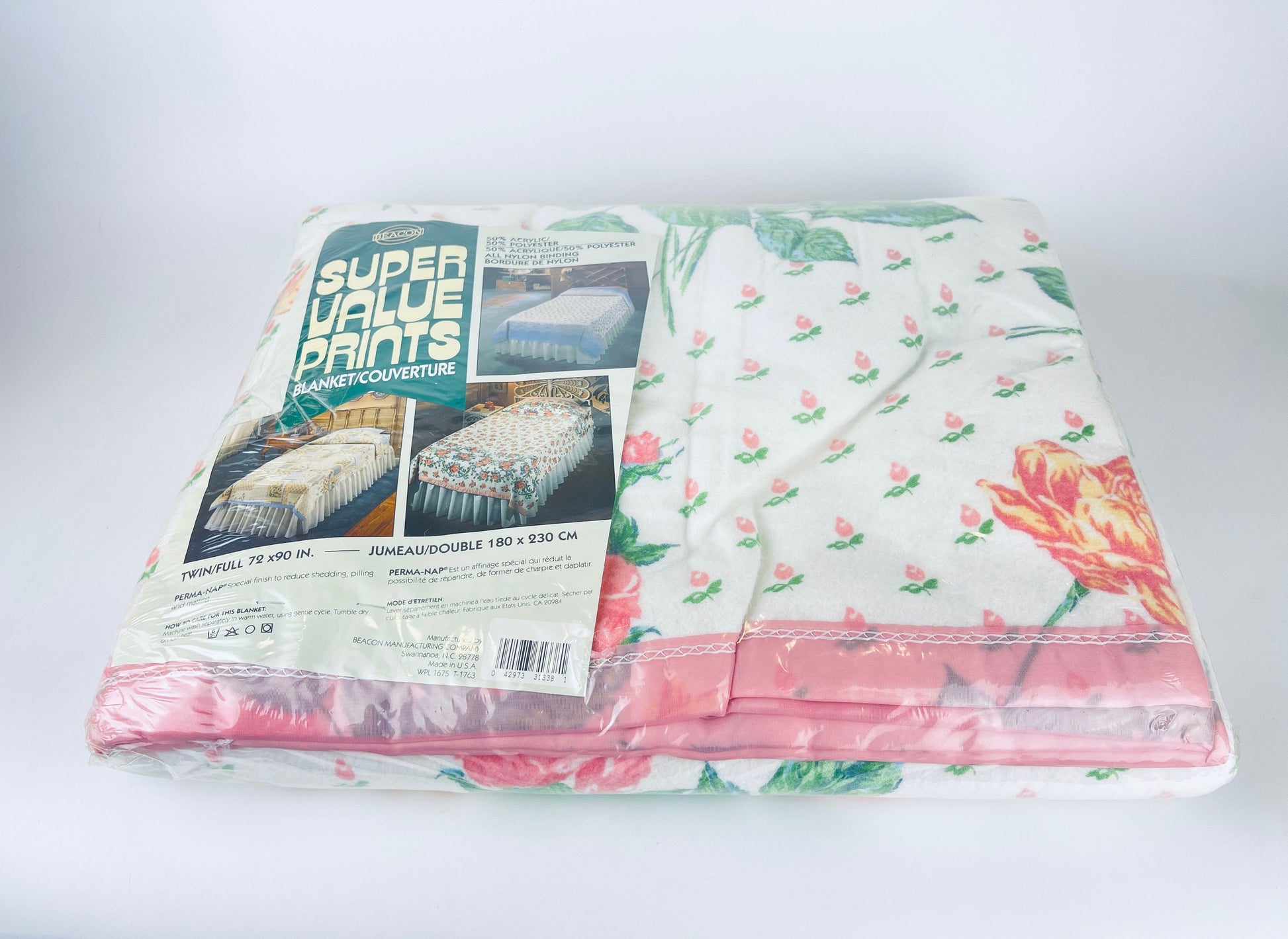 Product image for 'vintage beacon pink floral pattern double full blanket 72 x 90 pink satin ribbon trim nos new old stock made in usa' (view 71340b)