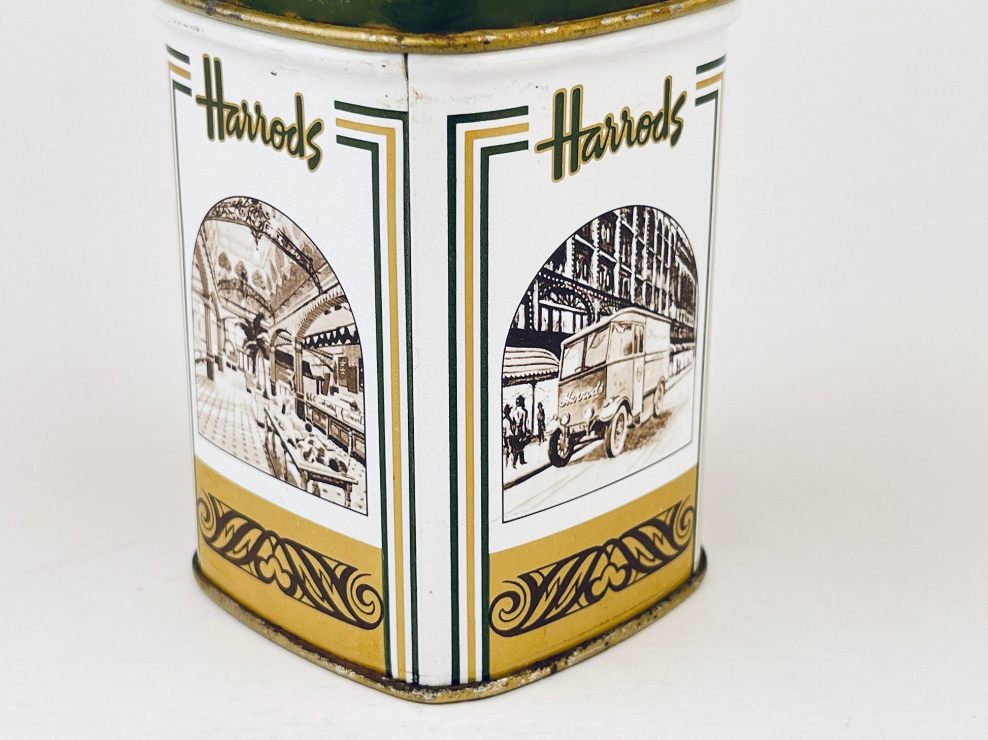 Product image for 'vintage harrods tea tin green white pattern' (view 28fa88)