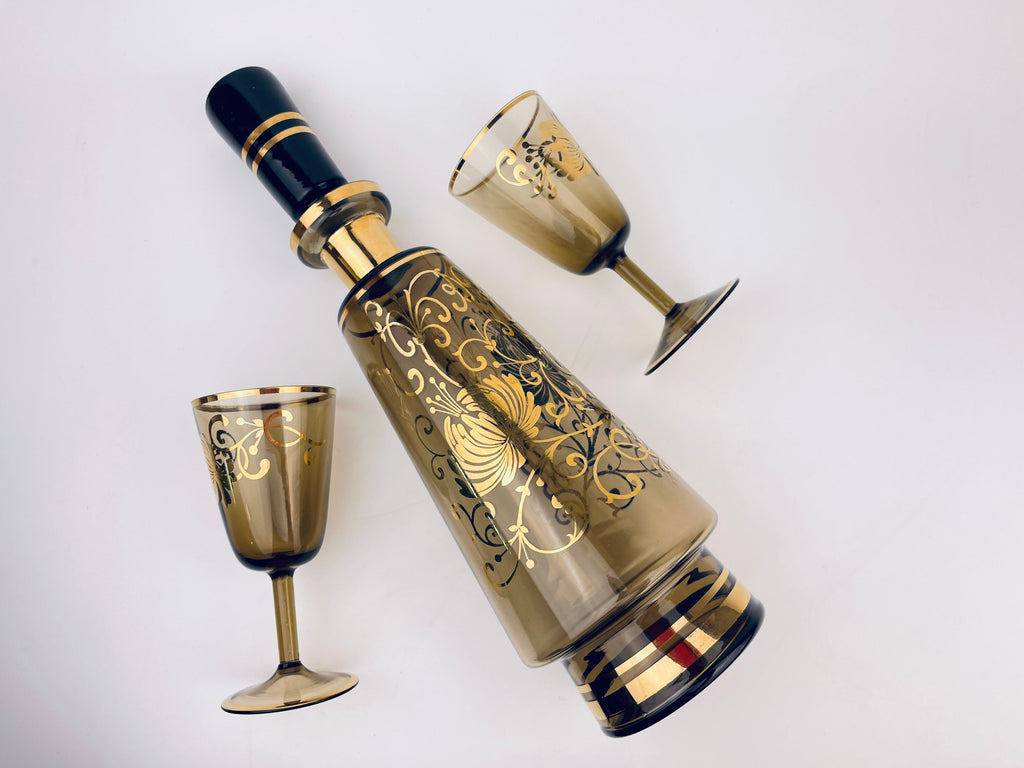 Product image for 'vintage bohemia crystal black gold floral decanter set mid century elegance' (view 7b155f)