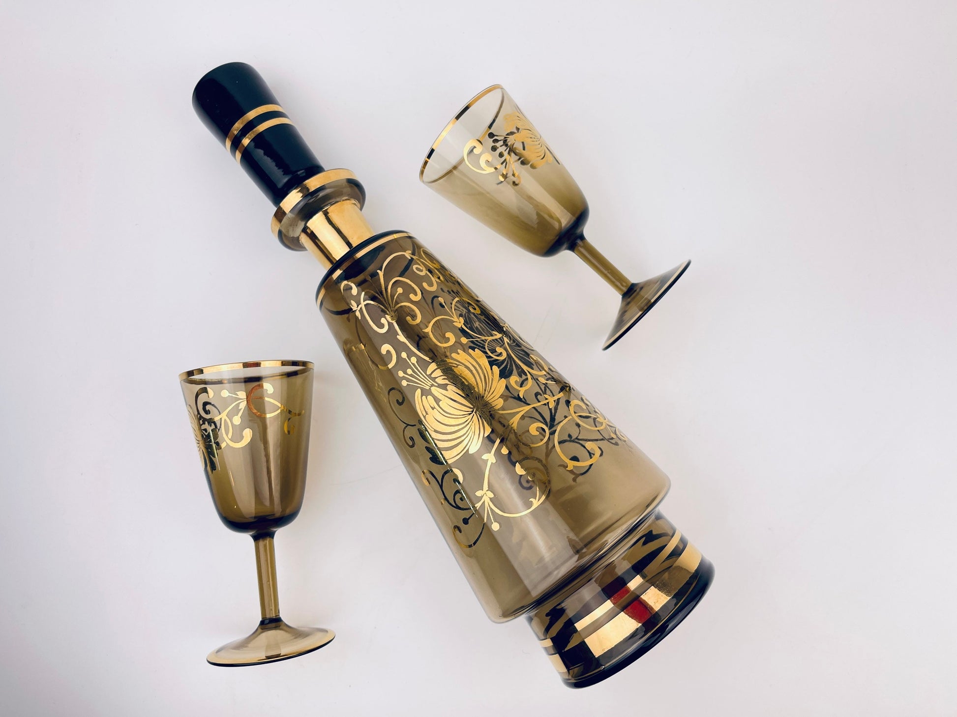 Product image for 'vintage bohemia crystal black gold floral decanter set mid century elegance' (view 7b155f)