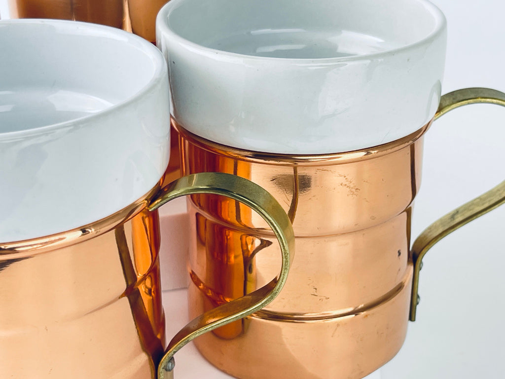 Product image for 'vintage baker hart stuart ceramic hot toddy mug glasses removable copper brass holder set of four 4 attractive aged brass patina' (view 9c2f62)