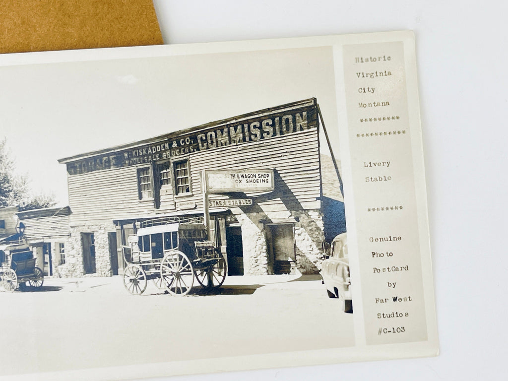 Product image for 'vintage historic virginia city montana postcard livery stable far west studios mountain city black white' (view 7d51df)