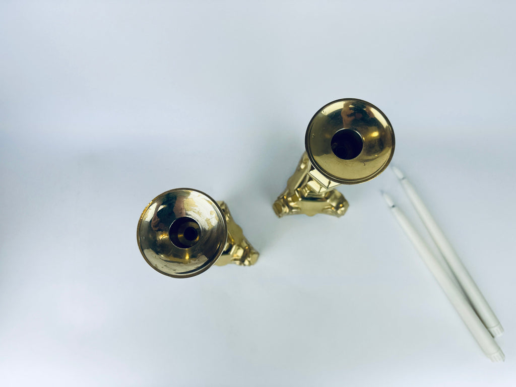 Product image for 'vintage hollywood regency tall solid cast brass candle stick holders set of two 2 attractive aged metal patina' (view 75f6d5)