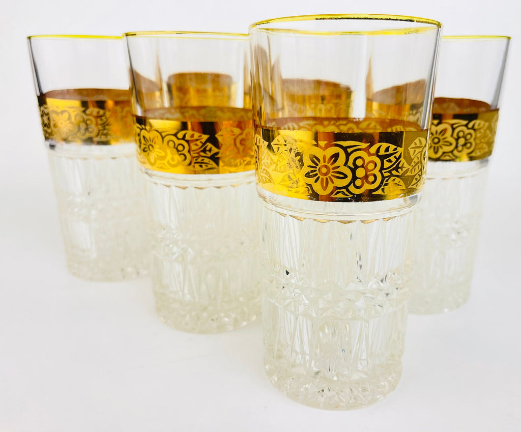 Product image for 'vintage heavy crystal gold highball water tumblers flower gold band with gold rimmed top set of six 6' (view 84a6f0)