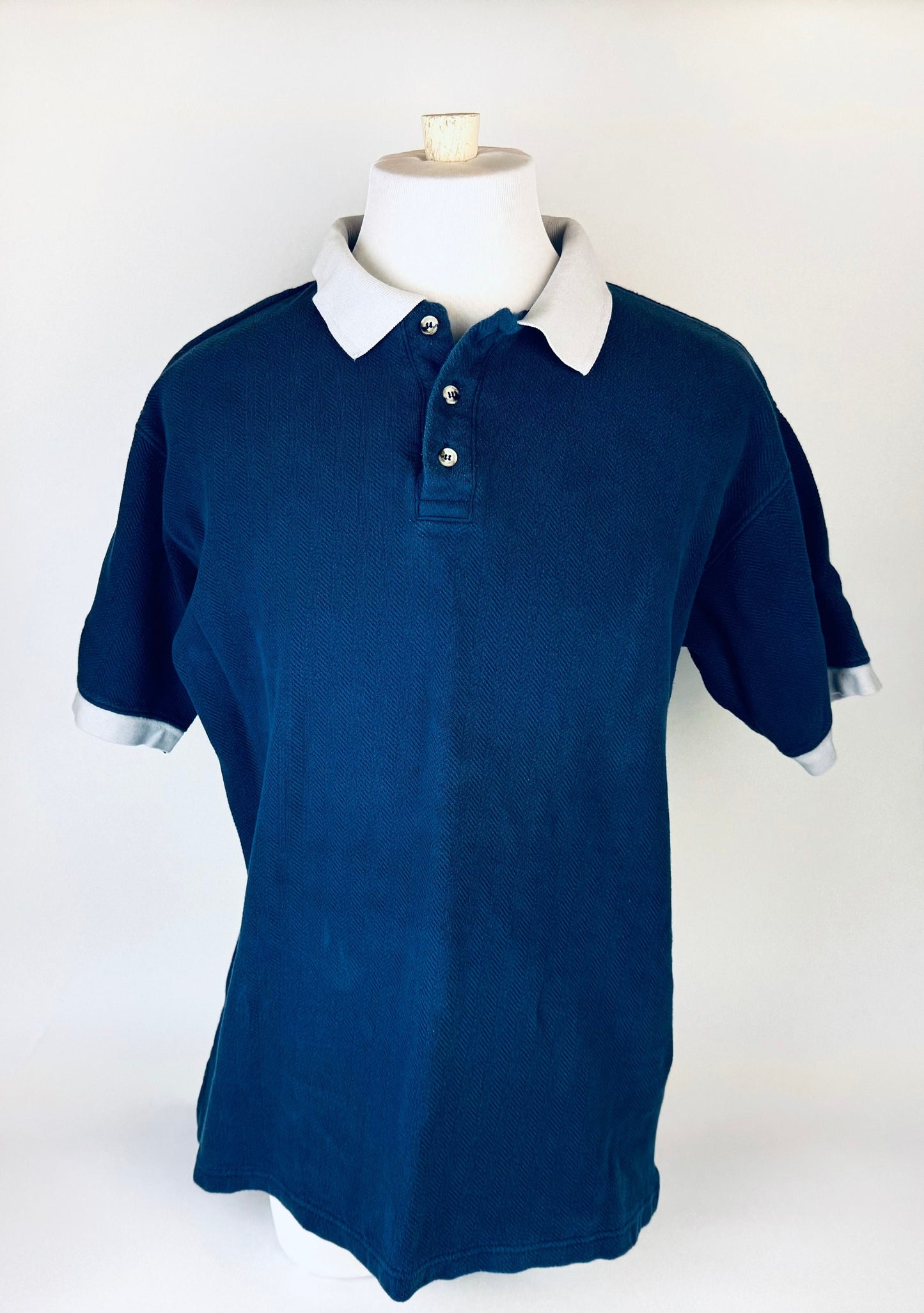 Product image for 'vintage global canada 1990s 100 cotton short sleeve polo shirt blue grey collar made in canada' (view 615116)
