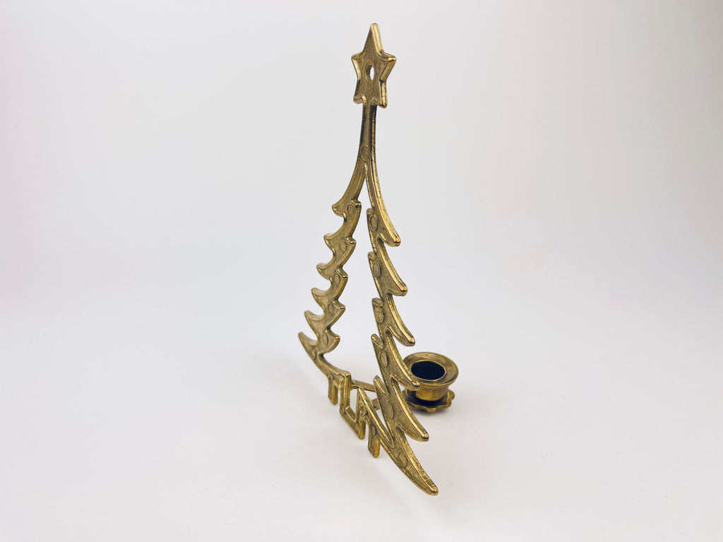 Product image for 'vintage brass christmas tree candelabra single candlestick holder aged metal patina made in italy' (view 294a39)