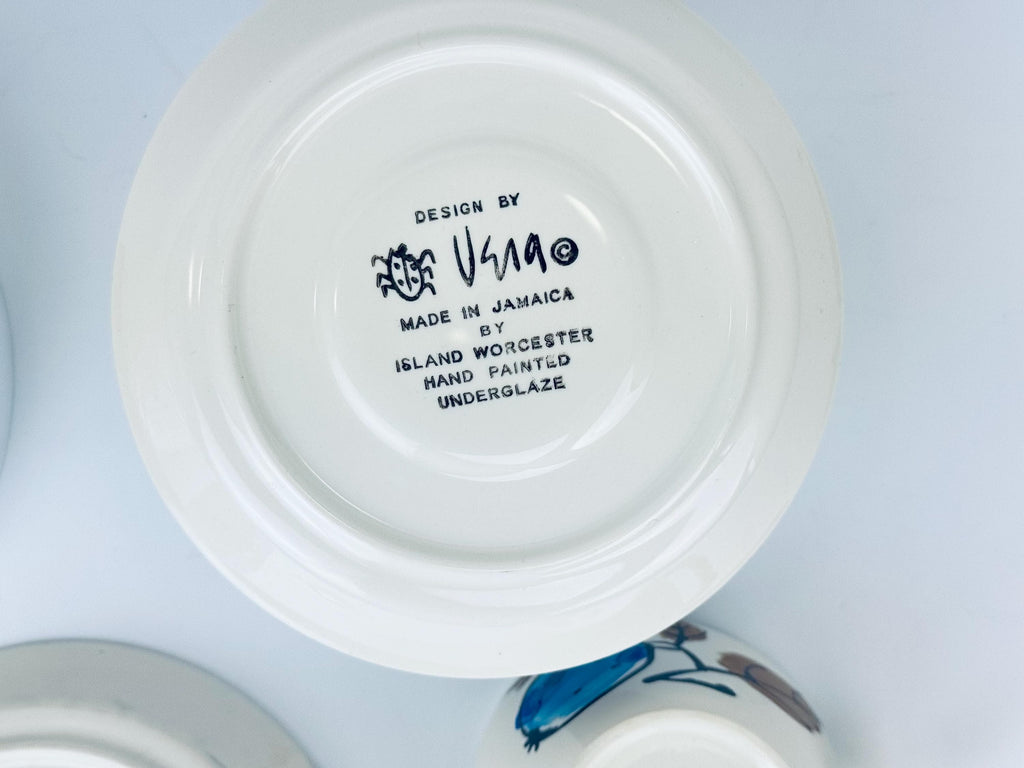 Product image for 'vintage vera jamaica hand painted mug saucer set 1960s pottery sunflower or plum design island worcester ceramic tableware' (view fb861d)