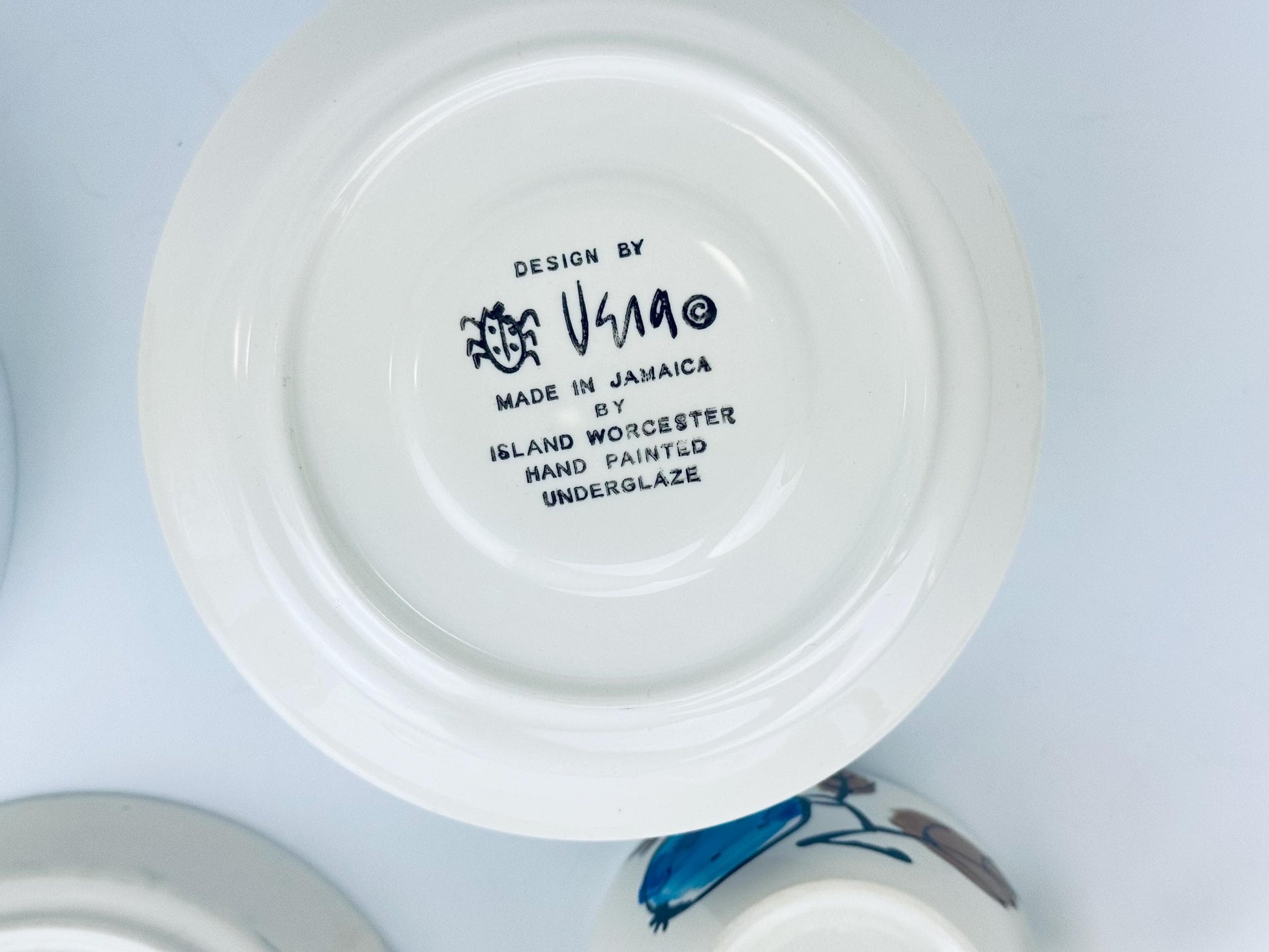 Product image for 'vintage vera jamaica hand painted mug saucer set 1960s pottery sunflower or plum design island worcester ceramic tableware' (view fb861d)