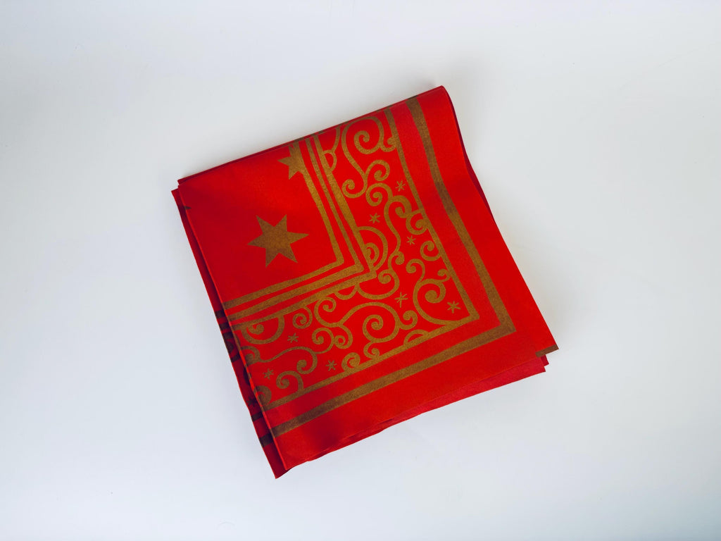 Product image for 'vintage square red gold deluxe spunbond fabric christmas tablecloth new old stock nos star scroll pattern' (view 163f4d)