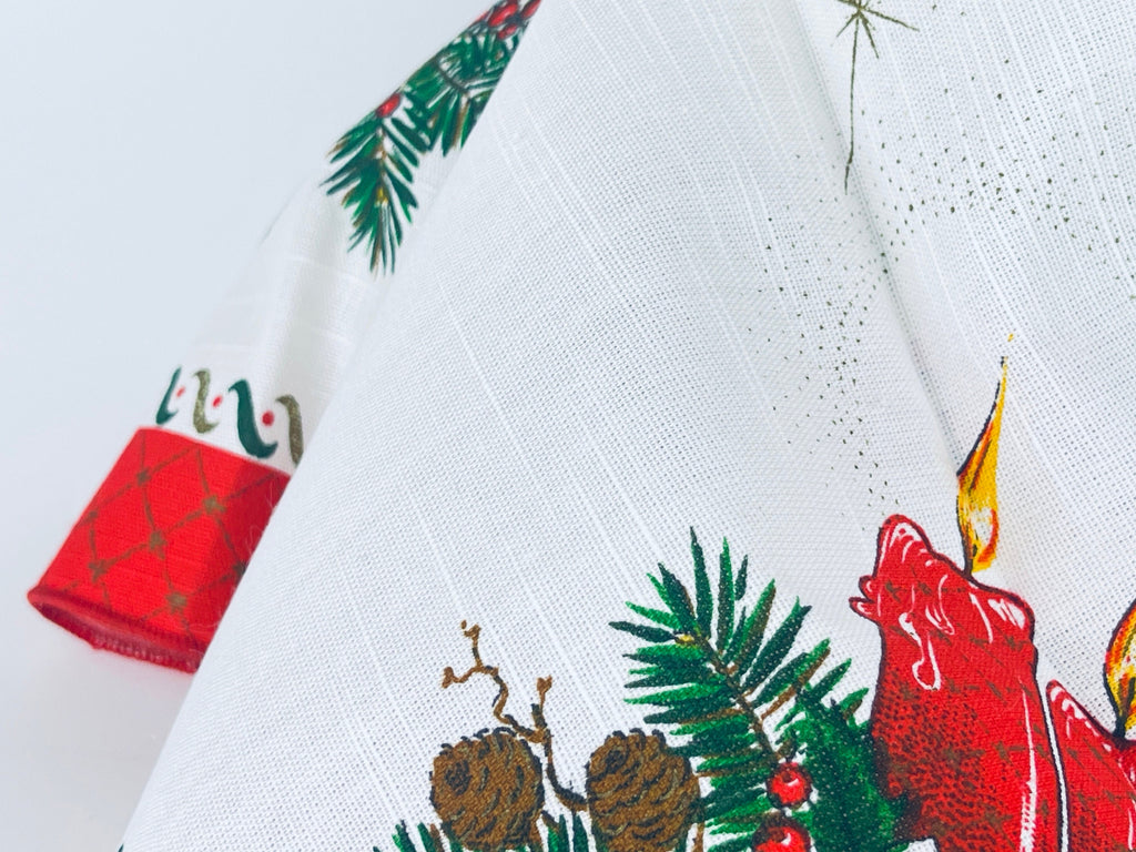 Product image for 'vintage christmas print square table cloth christmas bells ornaments candles 31 x 31 made in brazil by interloom' (view f45caa)