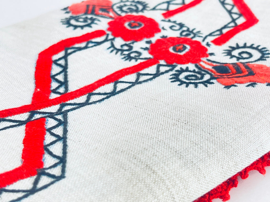 Product image for 'vintage embroidered table runner linen red black floral red stitch fringe' (view 87ddf4)