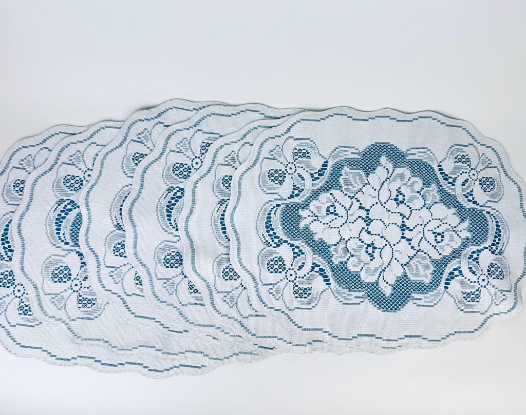 Product image for 'vintage oval cream lace blue floral bow pattern place mats set of six 6' (view 18bfa7)