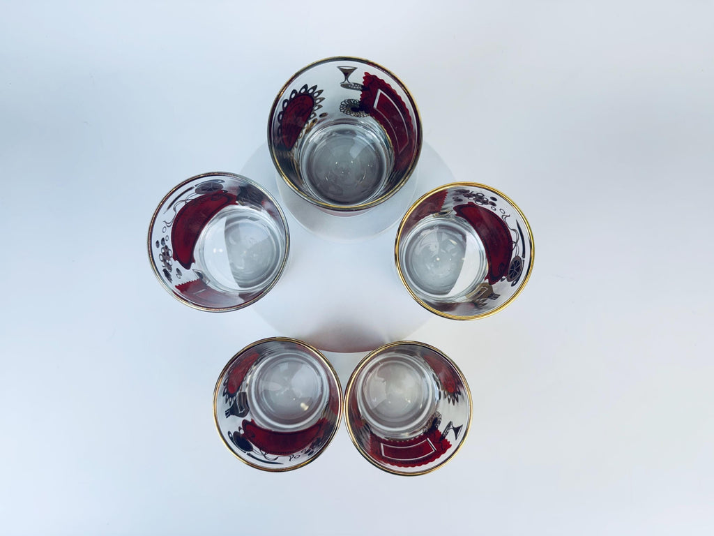 Product image for 'vintage jeanette glass heres how red and gold old fashioned glasses set of five 5' (view a14870)