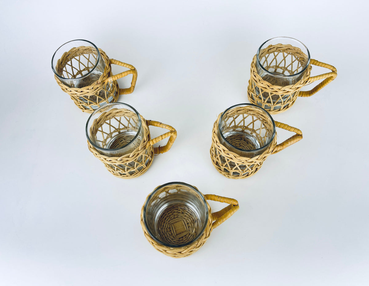 Product image for 'vintage boho woven wicker glass handled cup mugs set of five 5' (view 602208)