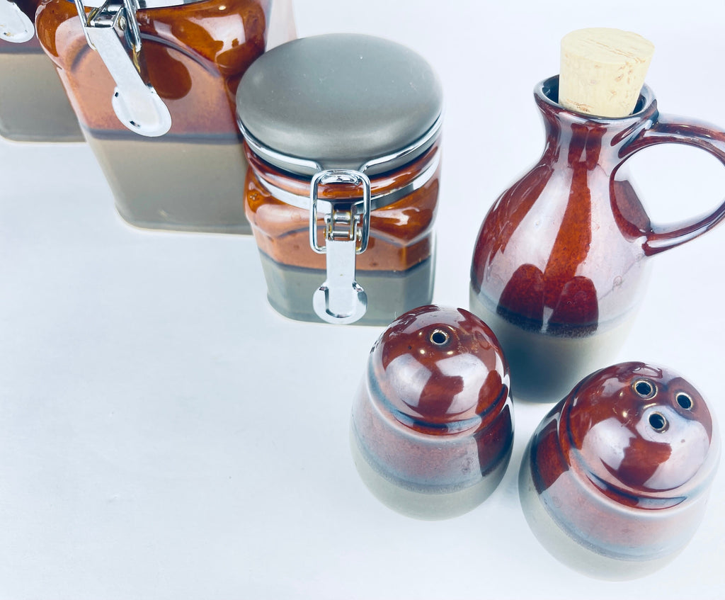 Product image for 'vintage brown grey drip glaze canister set salt pepper oil decanter included' (view c25c35)