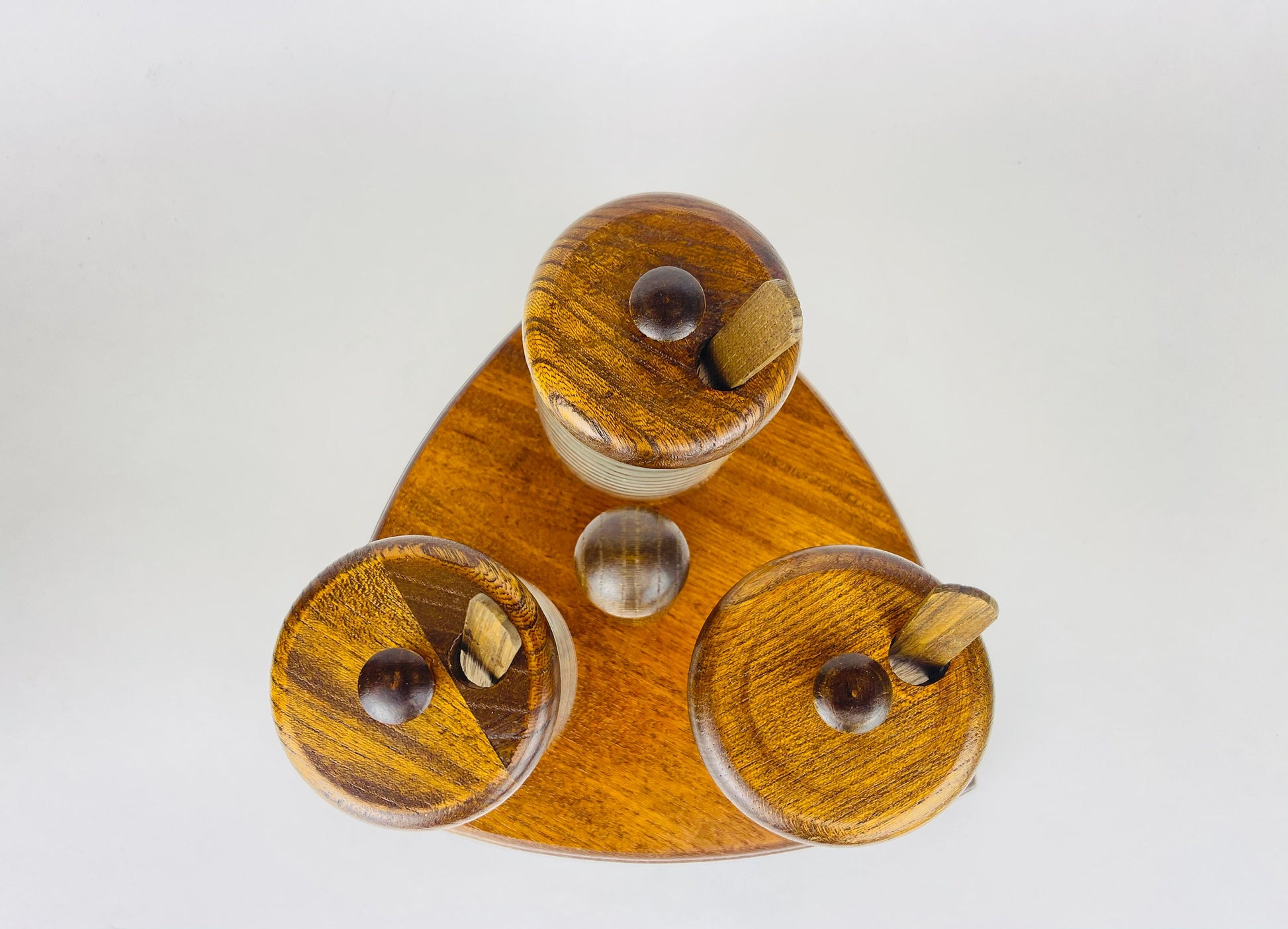 Product image for 'vintage mid century glass condiment caddy set trio of jars with wooden lids spoons' (view dbe5b5)