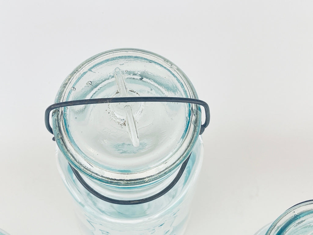 Product image for 'antique safety seal wide mouth aqua blue glass jar 2 pint capacity lightning metal hinge clasp made in canada sold separately' (view 9613de)