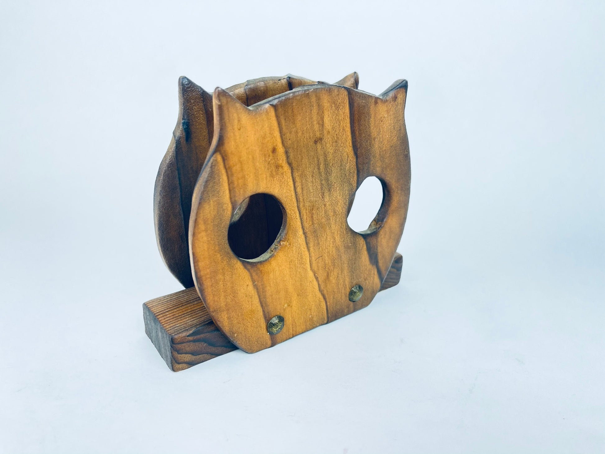 Product image for 'vintage wood owl napkin file holder textured wood grain metal rivets' (view 1495ae)