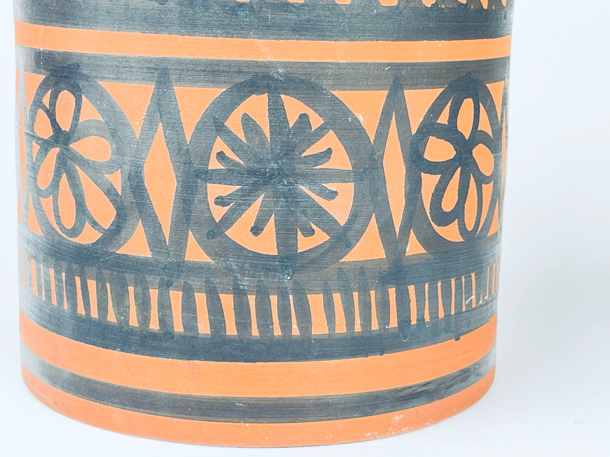 Product image for 'vintage wattisfield ware suffolk terracotta pottery widemouth vase hand painted mid century modern pattern made in england' (view 0dacaf)