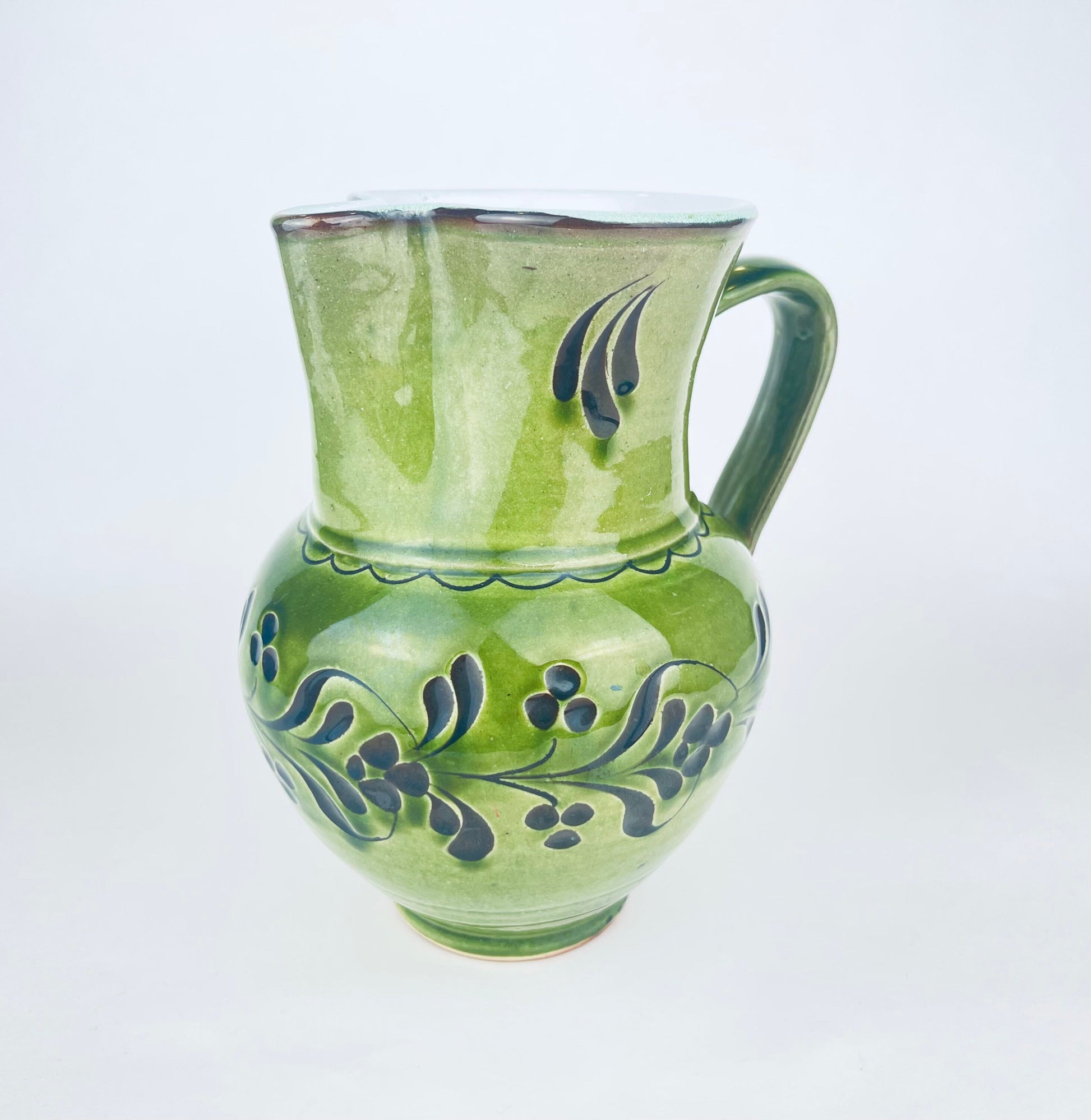 Product image for 'vintage hungarian folk green terracotta jug ruffled pour spout honeysuckle pattern' (view b53cfe)