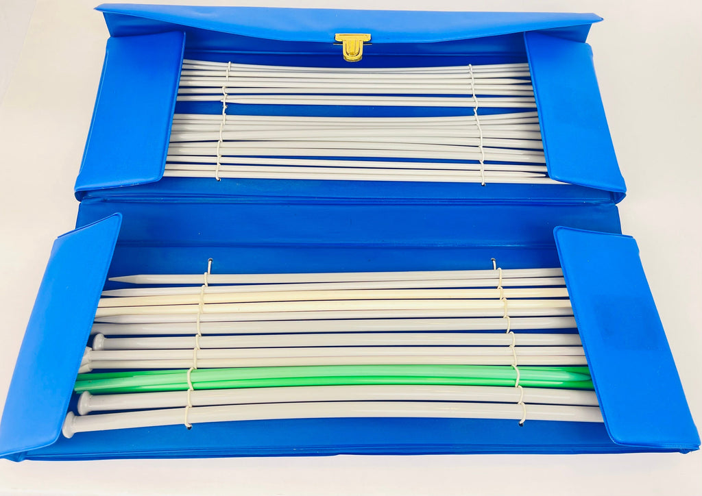 Product image for 'vintage latch knitting needle kit dcn perfecto bright blue pleather brass looking includes variety needle sizes' (view 47e68f)