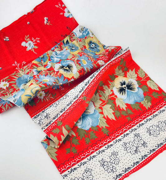Vintage Red Floral Cotton Fabric - 37” x 51"