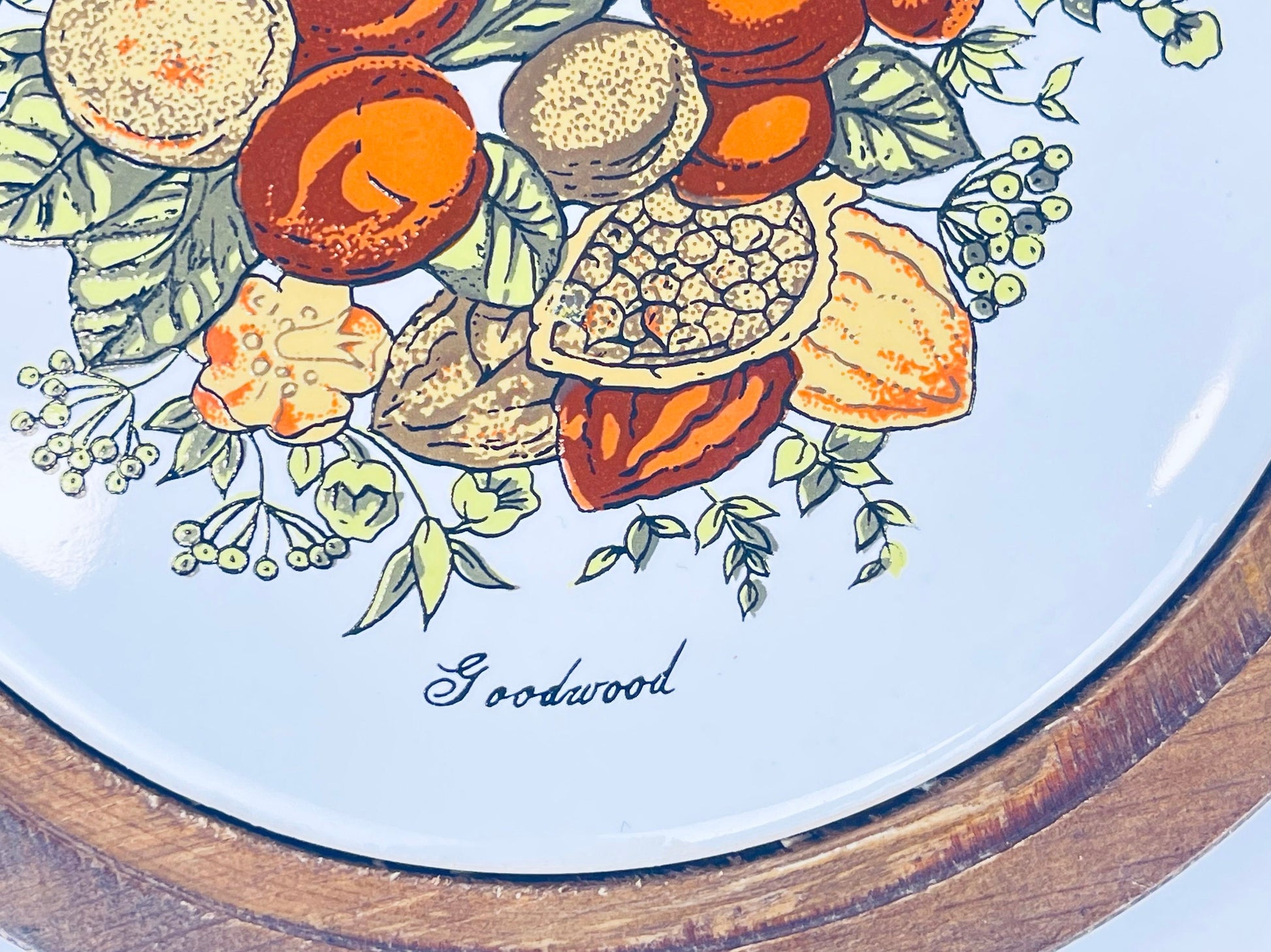 Product image for 'vintage goodwood cheese cloche charcuterie cracker dome server 60s ceramic tile with berry nut flower pattern plastic dome' (view fcbd52)