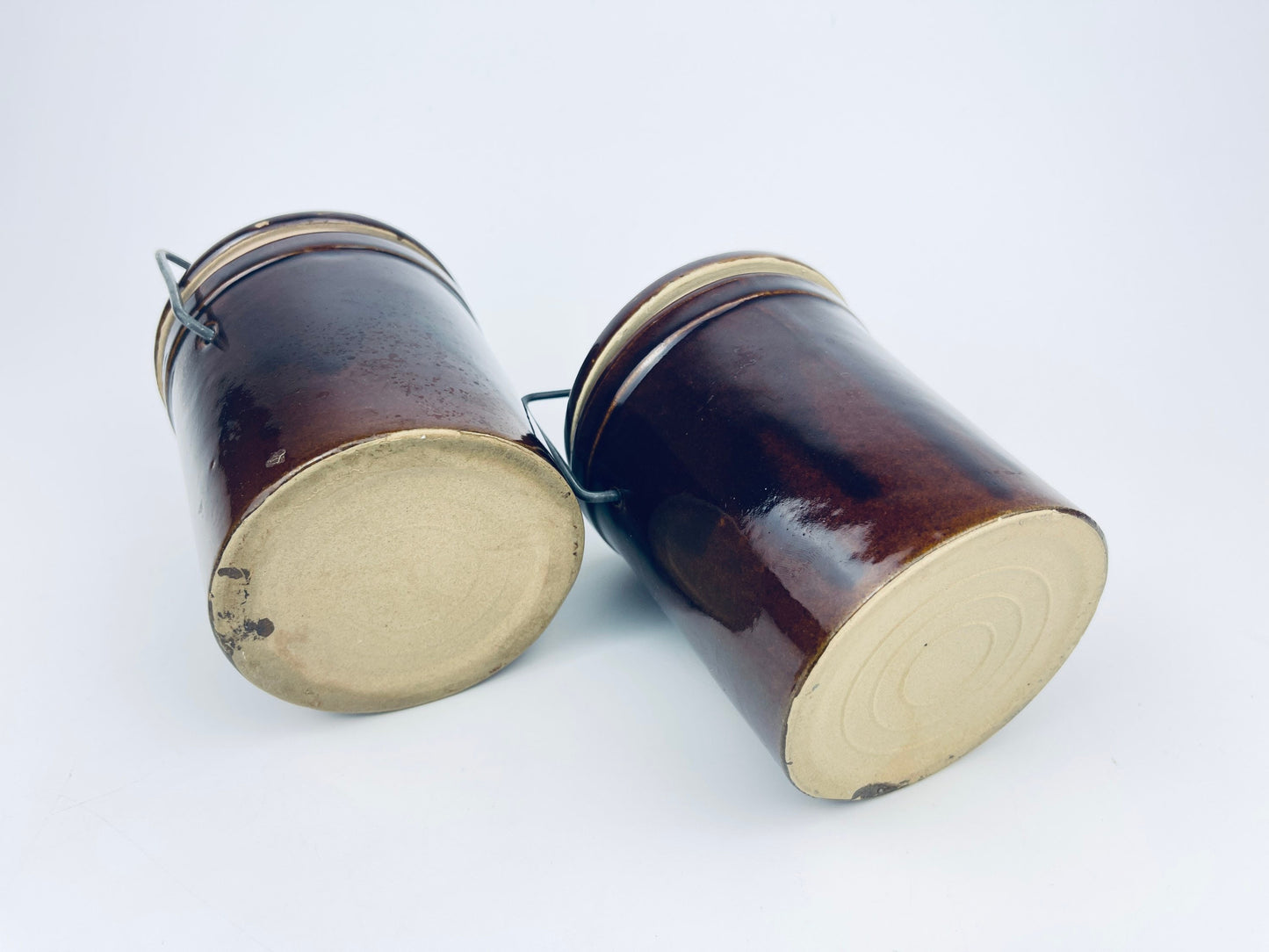 Product image for 'vintage brown drip glazed ceramic jar canister metal clasp top' (view 89a58d)