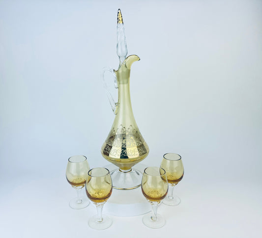 Product image for 'vintage amber gold crystal drink ware barware set decanter four 4 aperitif swirl pedestal glasses barware gift' (view 6f3482)