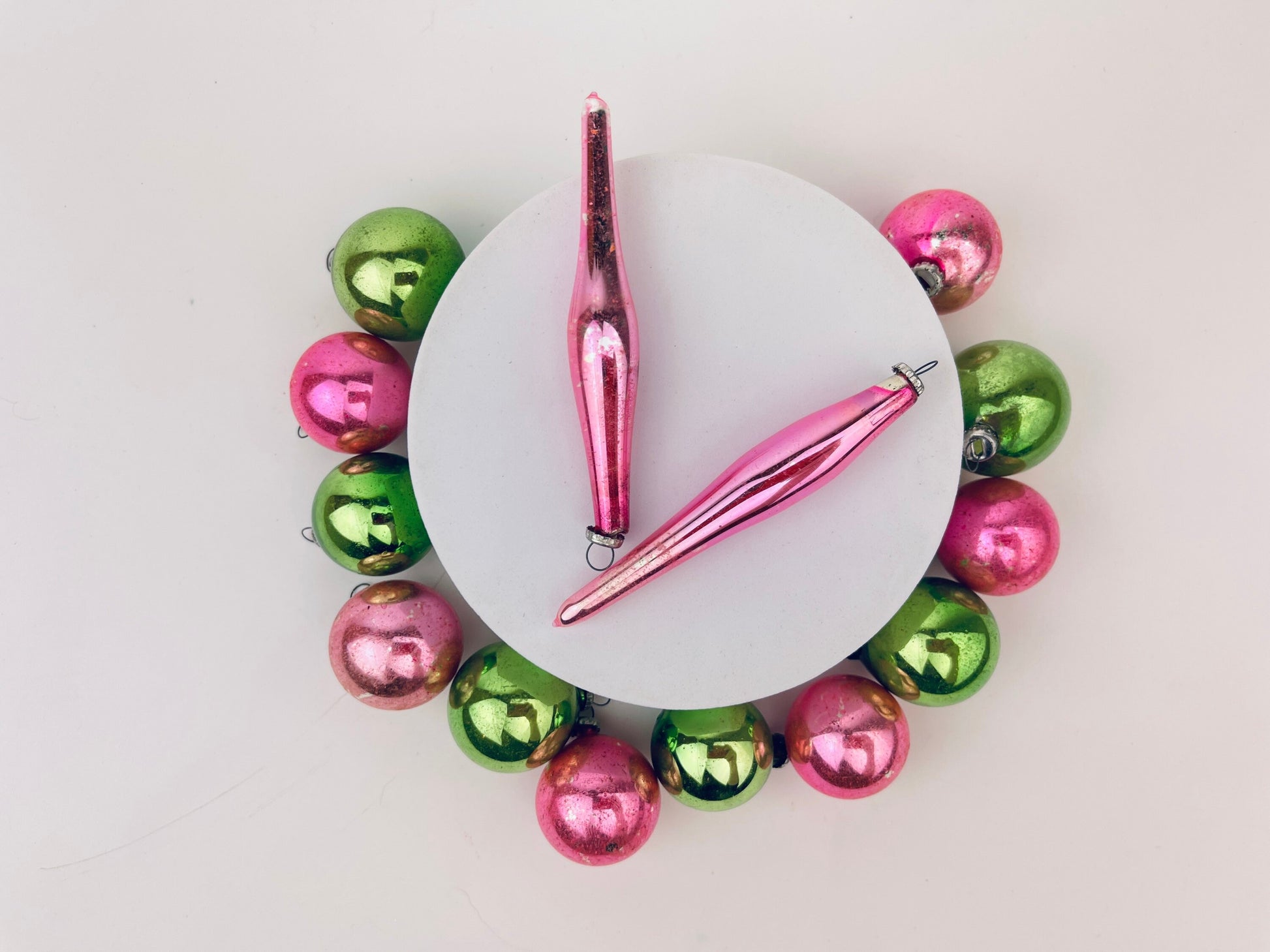 Product image for 'vintage mini pink green glass christmas ornaments set of 14 round icicle 1950s' (view f7f041)