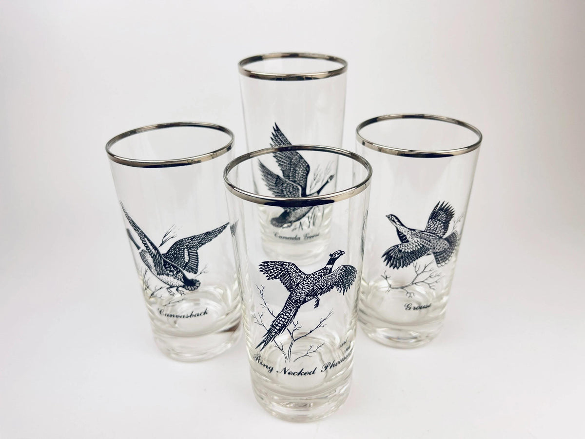 Product image for 'vintage foul bird drinking glasses clear silver rimmed perfect hunter gift sets sold separately' (view bf989e)
