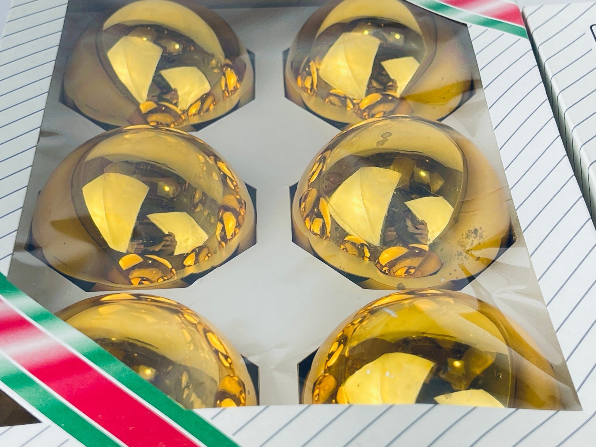 Product image for 'vintage gold mirror glass christmas tree ornaments set of six 6 made in canada by doubl glo noma sold separately' (view 78d1ad)