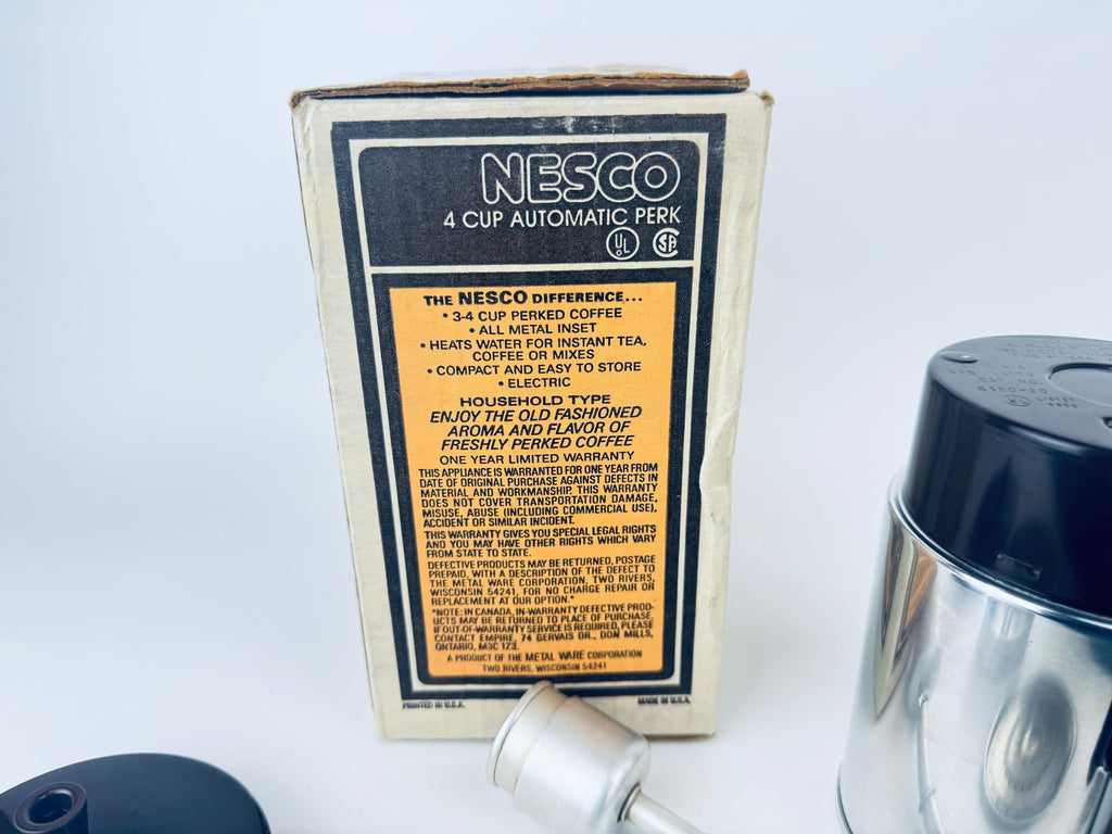 Product image for 'vintage chrome nesco 4 cup electric coffee percolator 1980s mid century modern style made in usa automatic compact brewer' (view a47466)