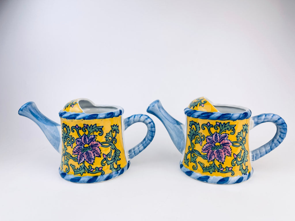 Product image for 'vintage hand painted blue yellow floral print ceramic watering can pot with handle rope handle bella case by ganz sold separately' (view 244927)