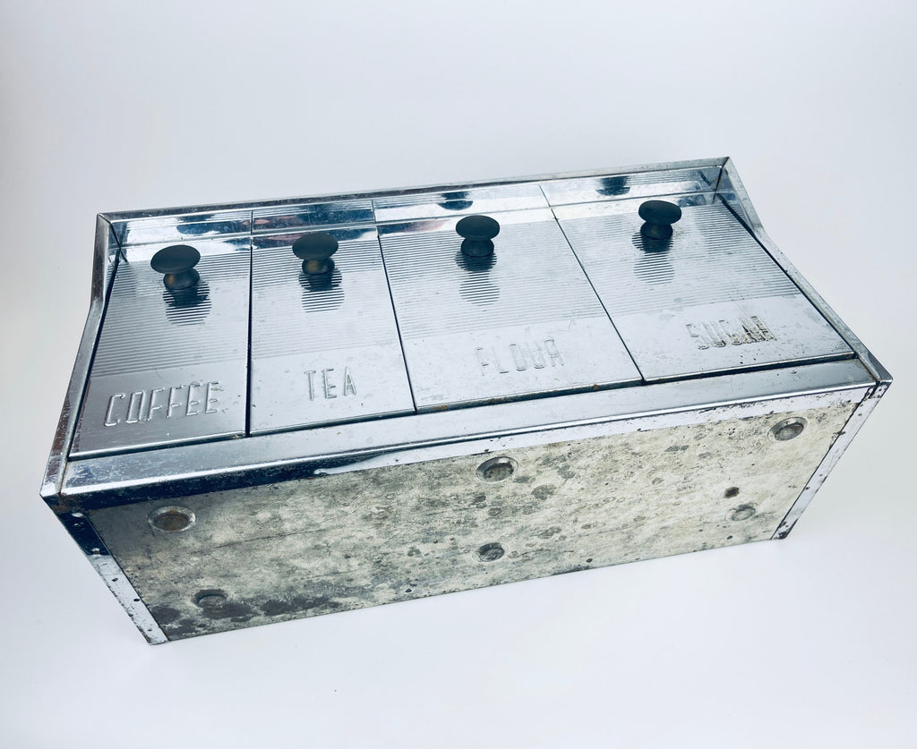 Product image for 'vintage krestline speco products silver metal countertop wall canisters set of four 4 flour sugar coffee tea' (view af1a02)
