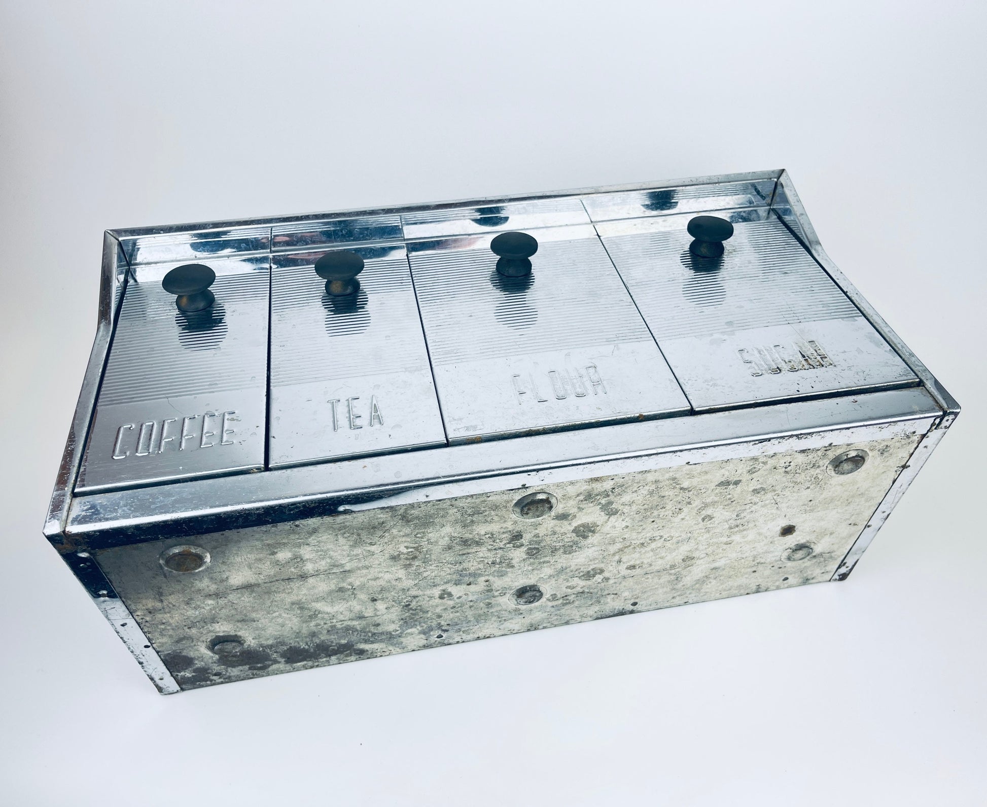 Product image for 'vintage krestline speco products silver metal countertop wall canisters set of four 4 flour sugar coffee tea' (view af1a02)