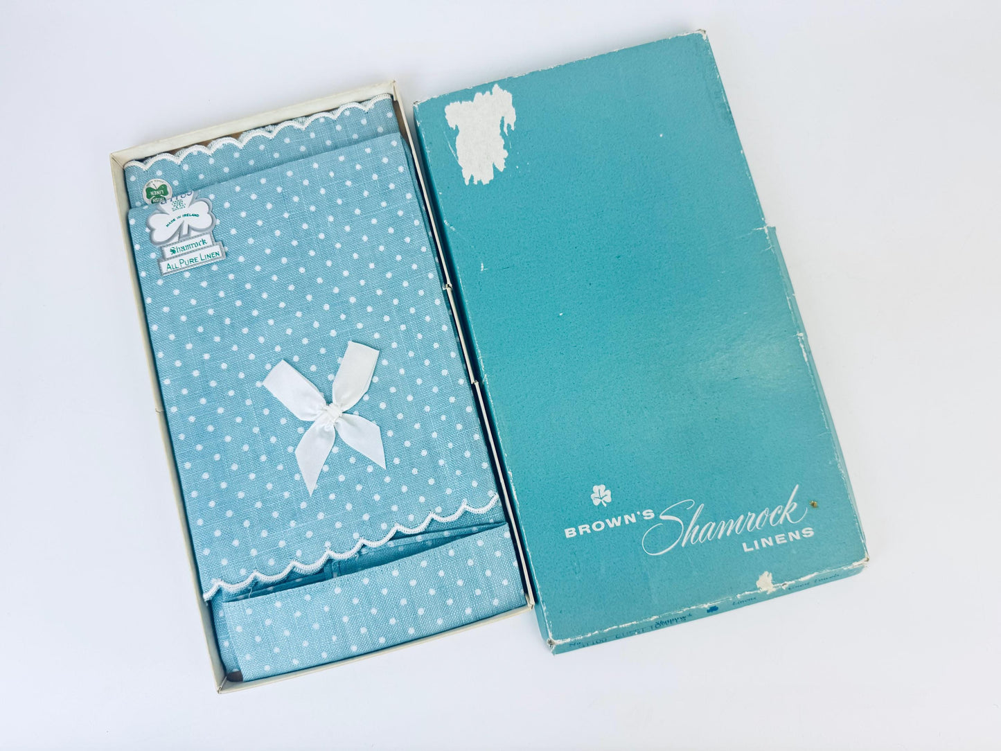 Product image for 'vintage irish linen set of 2 blue polka dot guest towels nos brown s shamrock linens' (view 14f81b)