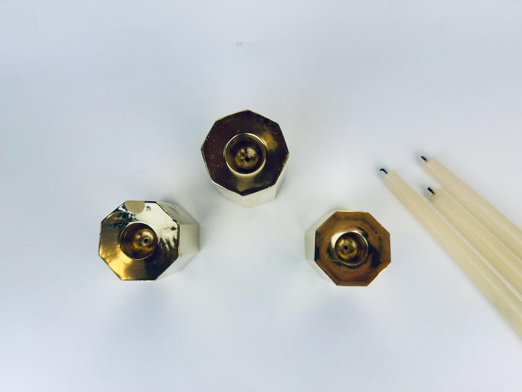 Product image for 'vintage hexagonal solid brass candle stick holders set of three 3' (view b7b233)