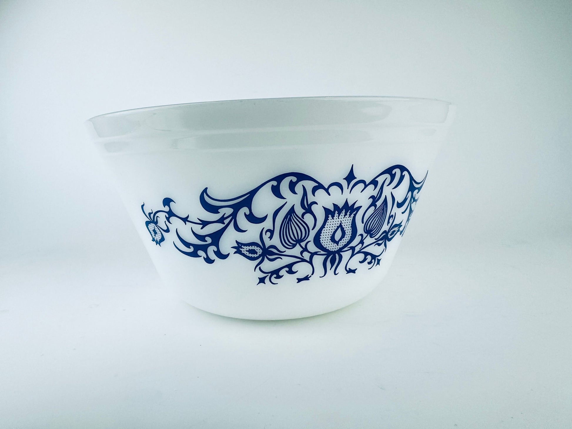 Product image for 'vintage federal glass mixing bowl bucks country blue floral scroll pattern made in usa' (view bd050f)