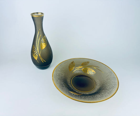 Product image for 'vintage mcm smoke grey gold leaf decorative glass bowl vase hollywood regency decor sold separately' (view d45e72)