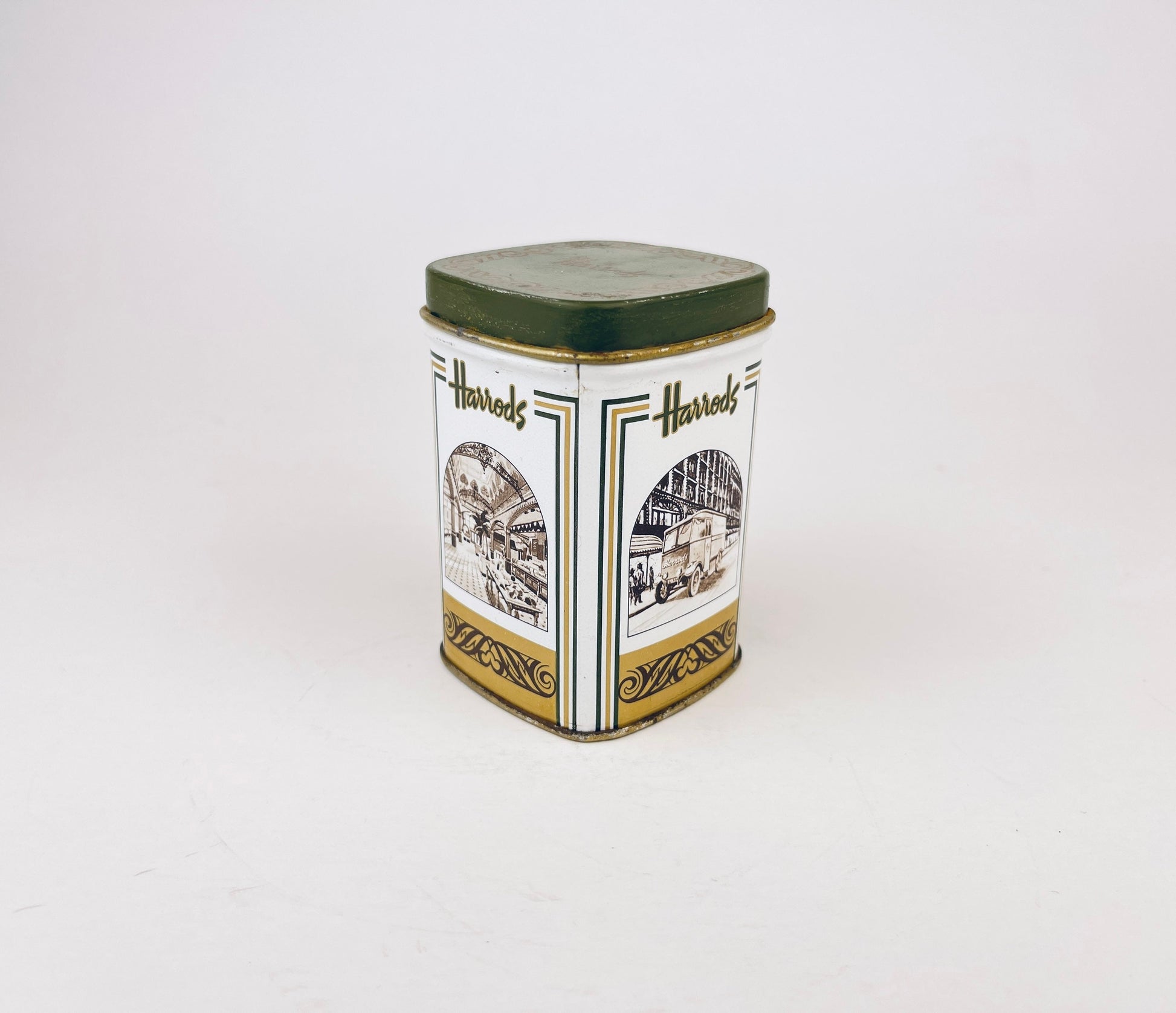 Product image for 'vintage harrods tea tin green white pattern' (view db59c4)