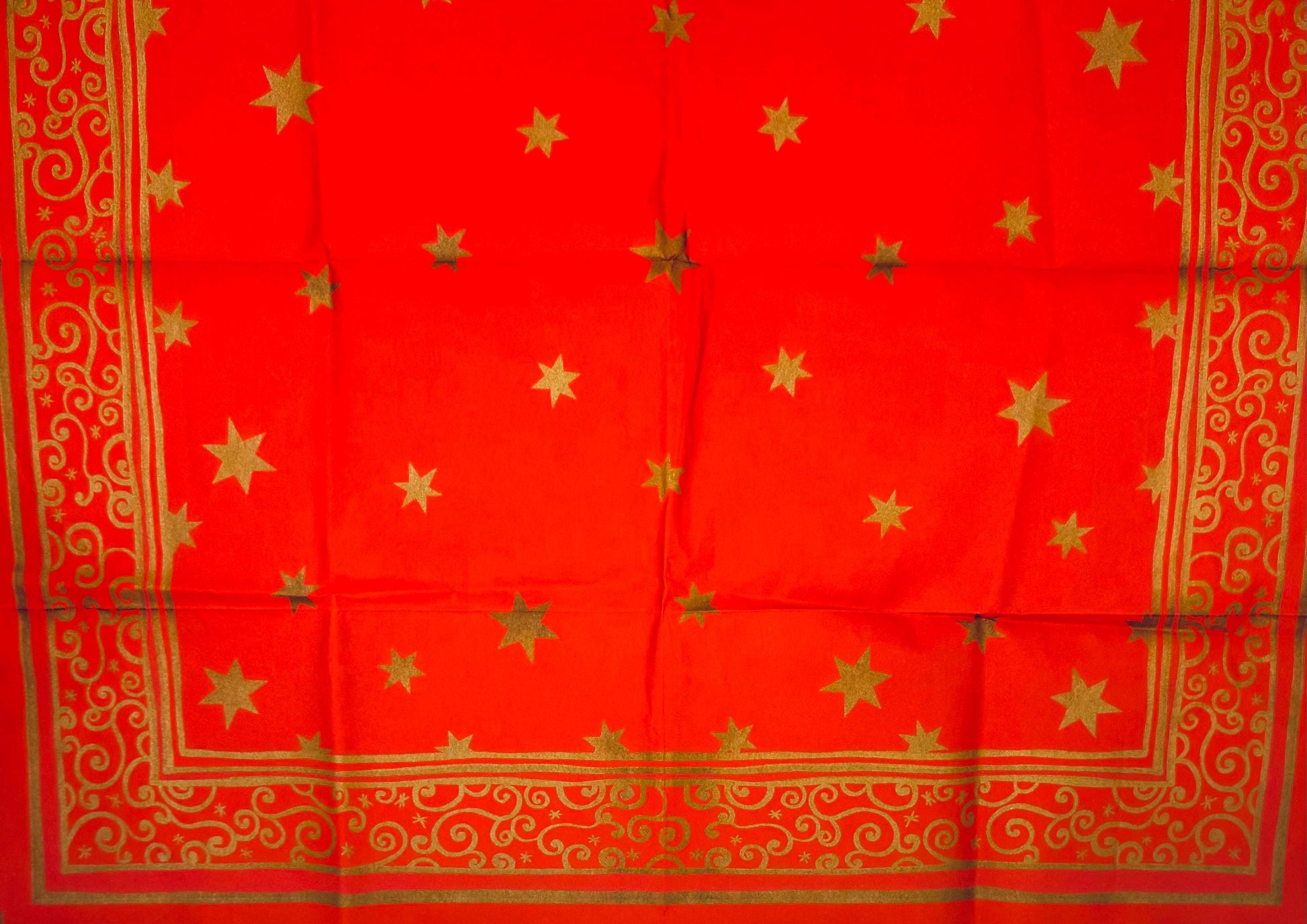 Product image for 'vintage square red gold deluxe spunbond fabric christmas tablecloth new old stock nos star scroll pattern' (view b57a2f)