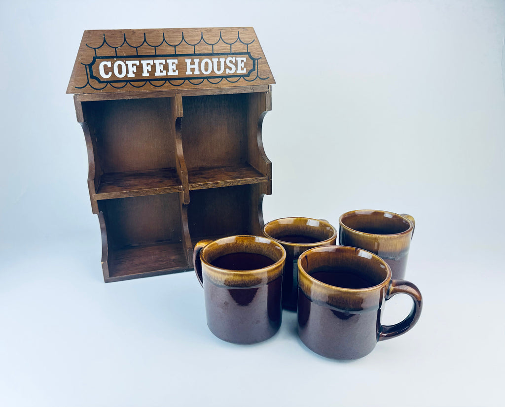 Product image for 'vintage coffee house wooden mug organiser ceramic drip glaze mugs set of four 4 maison du cafe en francis' (view 977fff)