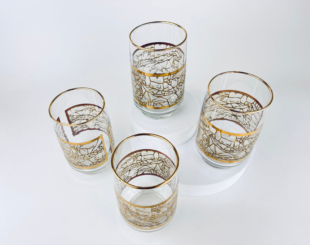 Product image for 'vintage gold textured crackle ice glass set set of four 4 lowball barware glasses barware gift' (view 9b5796)