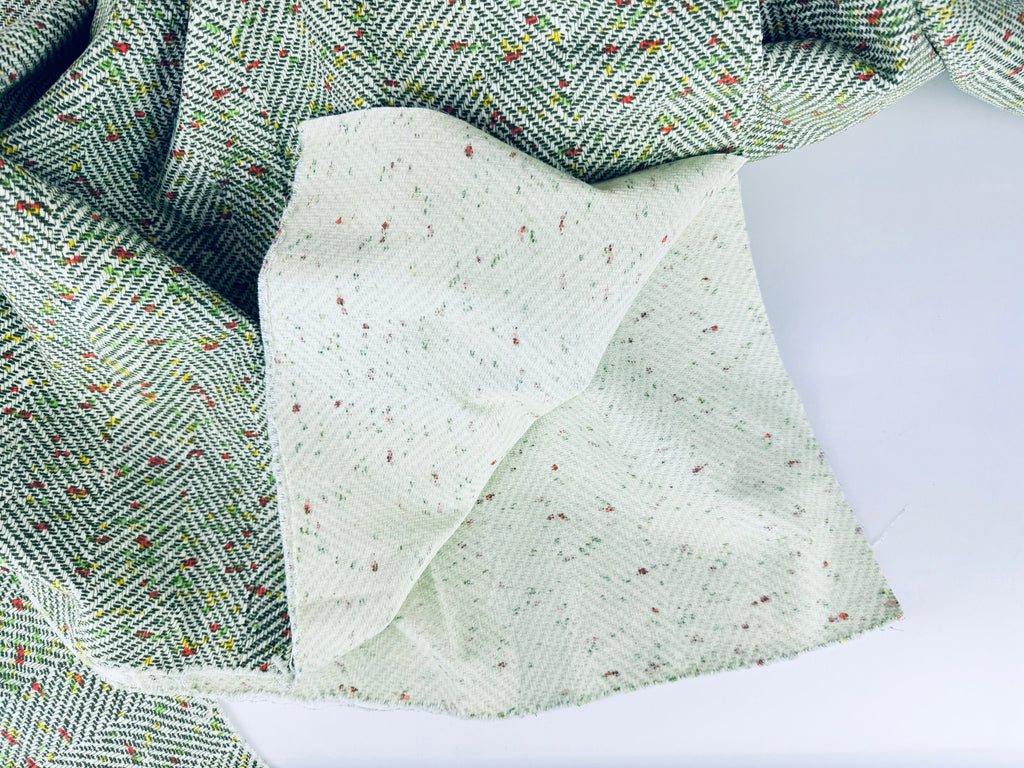 Product image for 'vintage 1970s green beige herringbone dot polyester fabric 40 x 83' (view 45d9dd)