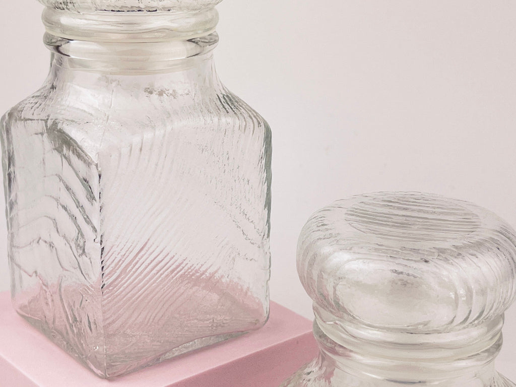 Product image for 'vintage 1970s airtight glass jars with faux wood grain lids set of 2' (view cc1f7d)