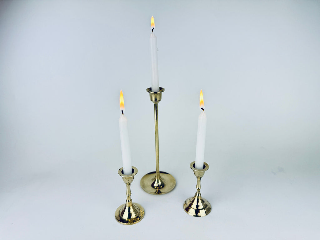 Product image for 'vintage tabletop brass small mini spell prayer candle stick holders mixed lot of three 3 attractive aged metal patina' (view e79065)