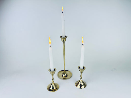 Product image for 'vintage tabletop brass small mini spell prayer candle stick holders mixed lot of three 3 attractive aged metal patina' (view e79065)